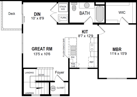 Floor plan for 1 bed, 1 bath, 852 sqft